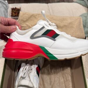 Gucci White Sneakers with Red and Green Accents